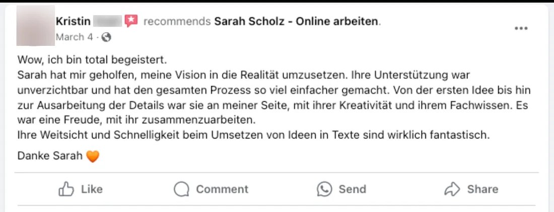 Screenshot: Kristin, Facebook